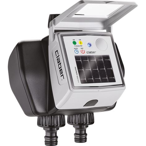 Claber Dual myAquaSolar – Automatischer 2-Wege-Bewässerungscomputer mit Solarpanel, App-Steuerung, 2 Programme pro Leitung, ohne Batterien, 3/4” Anschluss, Rain Sensor kompatibel (1/3)
