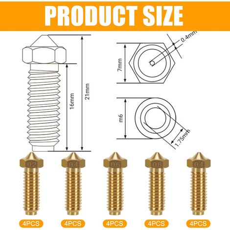 20 pezzi ugelli per stampante 3D Kobra 2, ugelli in ottone, 4 pezzi ugelli in acciaio temprato 0,4 mm, 0,2 mm, 0,6 mm, 0,8 mm e 0,4 mm per stampante Volcano, Anycubic, Vyper (1/4)