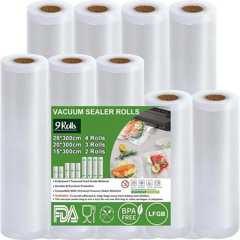 Sac Sous Vide Alimentaire, 9 Rouleaux 15x2/20x3/28x4/x300cm, Film Sous Vide Alimentaire, Approuvé par la LFGB, , 190 µm, Sans BPA, Convient à Tous Machine Sous Vide (1/5)