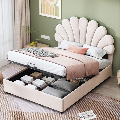 Lit coffre 140x200 velours beige tête de lit fleur HAVRYA (1/5)