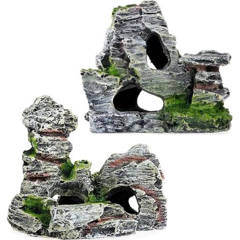 Décorations d'aquarium avec Herbe Verte,2 pcs Vue sur la Montagne Aquarium Rockery Cacher Cave Tree Fish Tank Ornement Décoration Décoration D'aquarium en Résine Décoration Cachette Aquarium