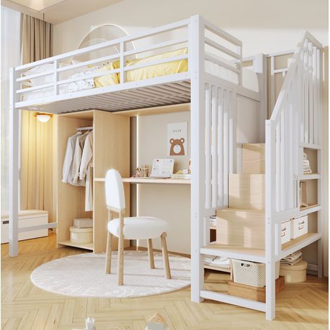 Bett Hochbett Stauraum 90x200 mit Schreibtisch OKMYHOME (1/4)