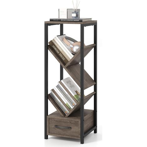 COSTWAY Libreria a 4 Ripiani, Scaffali in Legno con Cassetto, Kit Antiribaltamento e Struttura Metallica, Scaffale di Stoccaggio per Soggiorno Studio, 30,5 x 30,5 x 91,5 cm (1/5)