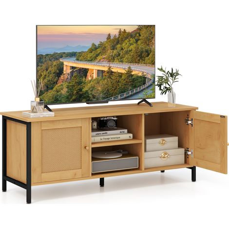 COSTWAY Boho TV Stand for TVs up to 55” PE Rattan Media Console Table-Black