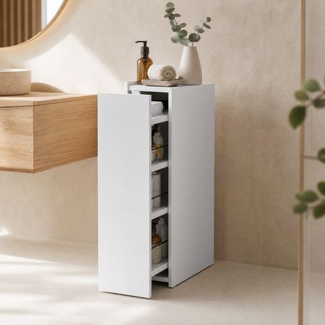 Mobile bagno stretto moderno in legno bianco 47 x 25 x 66,5 cm con cassetto a 3 scomparti profondi e ruota inferiore (1/5)