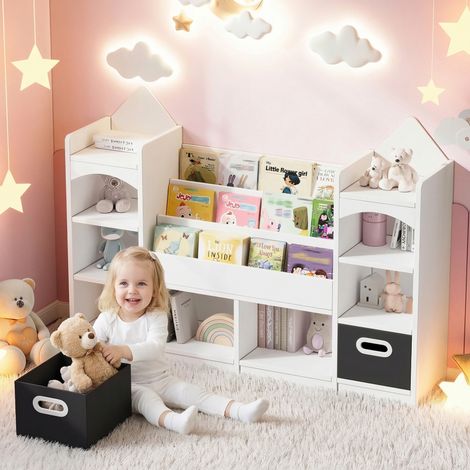 Étagère à livres pour enfants, multi-niveaux, rangement jouets, avec 2 boîtes pliables. Blanc, 130x30x90 cm, mobilier chambre d'enfant.