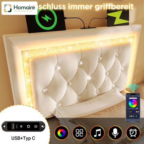 Cadre de lit en velours beige avec rangement et port USB 209 x 101 x 104 cm HOMAIRE (1/5)