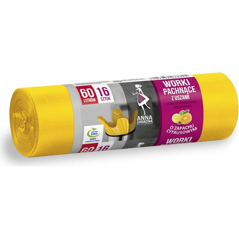 Lot de 16 sacs poubelle avec anses, 60 l, parfum d'agrumes, sac poubelle pour ordures ménagères, bureau en film HDLD, jaune (1/5)