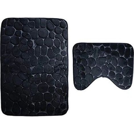 Set aus 2 rutschfesten Badematten und einer maschinenwaschbaren WC-Vorlegermatte (50 x 80 + 40 x 50 cm) – Schwarz – Crezuo (1/4)