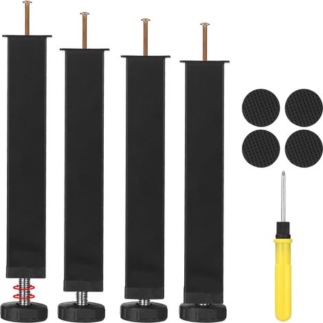 Set di 4 gambe per letto a doghe da 20 cm con fissaggio a vite, in metallo, con piedini in gomma antiscivolo e cacciavite, colore nero. Supporto per mobili, tavoli, sedie, armadi e divani. (1/5)