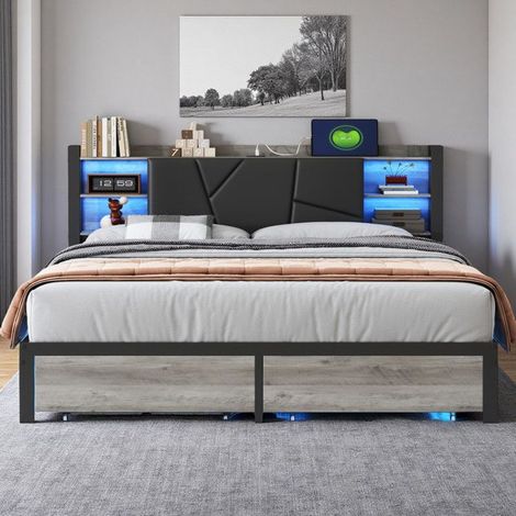 Lit 140x200 cm - Doppelbettgestell aus Metall mit Latten - 140x200 cm - Bett für 2 Personen - LED und 2 Schubladen - ohne Matratze - schwarz