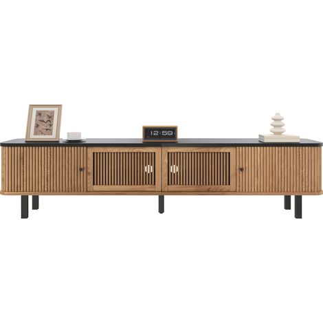 Meuble TV moderne trois pans, bas, 2 portes coulissantes, 2 portes barreaux, 190x35x45 cm. (1/2)