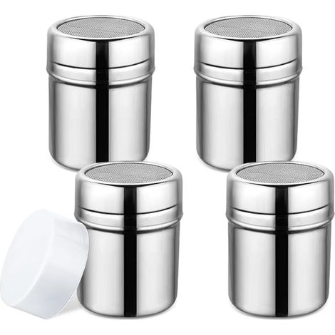 Set di 4 setacci per cacao in polvere, barattolo setaccio per zucchero in acciaio inox con coperchio, dosatore per cacao in polvere (per cappuccino), dosatore per zucchero da caffè (1/5)