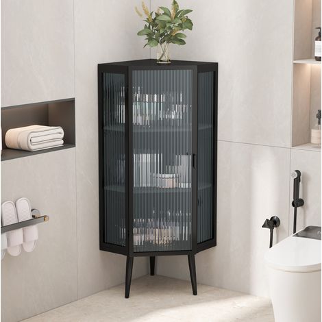 Mueble esquinero 110 cm con puertas de vidrio templado, 3 niveles, metal negro OKWISH (1/5)