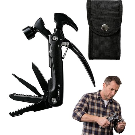 Martillo multifuncional 12 en 1, multiherramienta con alicates, cuchillo, sierra, destornillador y abridor de botellas, funda de nailon, accesorio compacto para camping, coche, bricolaje y regalo para (1/5)