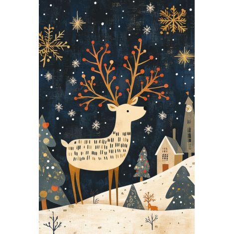 Tableau sur toile cerf noël 30x45 cm - Impression sur Toile Murale Décorative - Image imprimée en HD sur Toile - Toile sur Châssis en Bois FSC - Fabriqué en France (1/4)