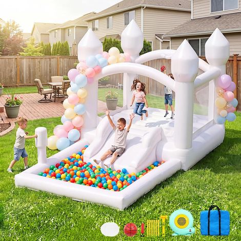 Château Gonflable Blanc pour Enfants, Grand Indoor/Outdoor avec Toboggan, Aire Saut, souffleur, Panier Basket, Piscine balles, Sac Frappe, Maison Multi-activités (1/5)