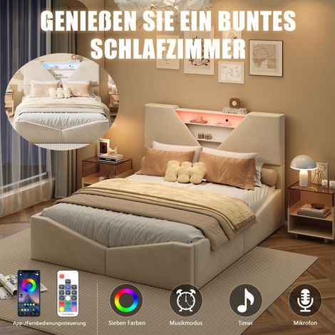 Bettkasten 160x200 cm - Beige Samt - Integrierte LED - Hydraulischer Stauraum - Modernes Design