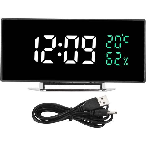 Beyamis Horloge numérique incurvée à rétroéclairage LED effet miroir, 3 niveaux de luminosité, affichage de la température et de l'humidité, lumière blanche. (1/5)