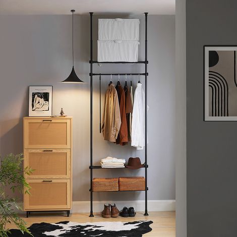 SoBuy KLS07-SCH Teleskopstange Kleiderständer mit 1 Kleiderstange und 3 Ablagen Teleskop Garderoben System Verstellbares Garderobenständer wandmontage