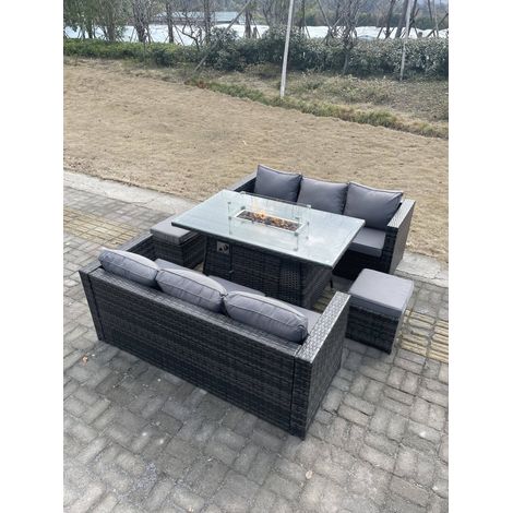 Fimous 8-Sitzer Outdoor Rattan Gartensofa Set Gartenmöbel Gas Feuerstelle Tisch Set Esstisch Fußhocker Dunkelgrau Gemischt (1/4)