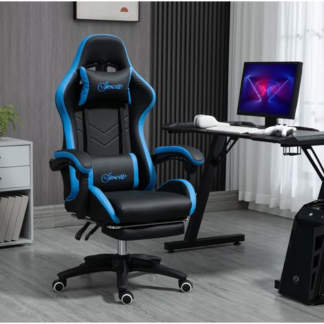 Gamingstuhl höhenverstellbar mit Fußstütze, Lenden- und Kopfstützkissen, Blau-Schwarz OKWISH (1/5)
