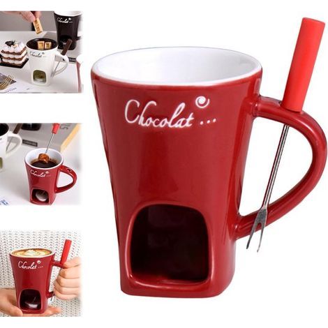 longziming - Mug à fondue au chocolat - Mug à fondue en céramique sans bougie chauffe-plat - Mug pour faire fondre le chocolat chaud - Set à fondre le chocolat avec fourchette en acier inoxydable pour