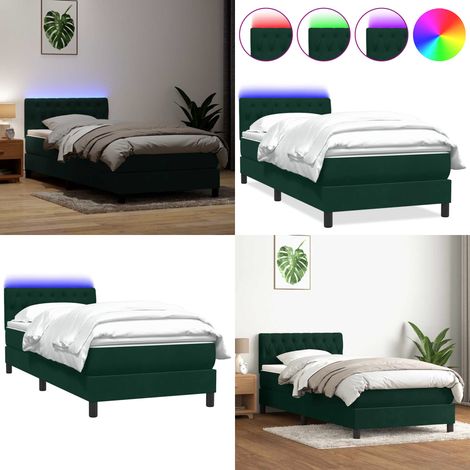 Cama box spring con colchón y LED terciopelo verde oscuro 80x220 cm - Cama con luz LED - Cama de muelles ensacados