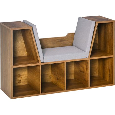 Bibliothèque banc 2 en 1 avec coussins de siège, étagère cube 6 compartiments ouverts, 102 x 30 x 61 cm, brun rustique (1/5)