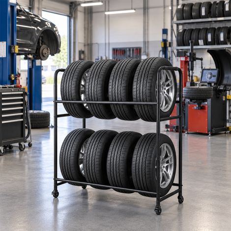 Jiubiaz Reifenregal mit Rollen, 2 Bremsrollen, für bis zu 8 Reifen, 180 kg Traglast, höhenverstellbar in 3 Stufen, bis 240 mm, inklusive Hülle (1/5)