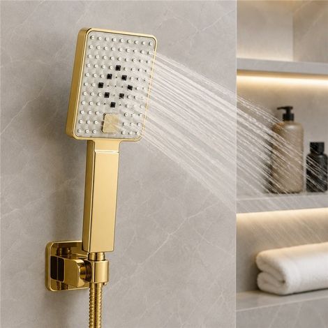 Pommeau de douche doré multifonction 5 jets haute pression économie d'eau anti-calcaire salle de bain universel 10x26 cm (1/5)