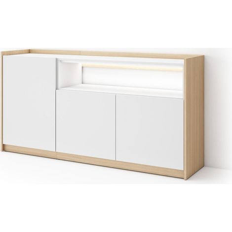 Skraut Home - Credenza, Mobile, Cucina, Madia, mobile ingresso, 156x37x80cm, 3 Porte, LED, Stile moderno, Bianco e Rovere soft (1/5)