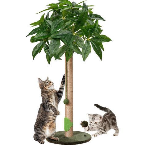 Arbre à chat design plante grée, griffoir pour chat avec sisal naturel, poteau à griffer stable avec jouets suspendus et brosse de toilettage amovible