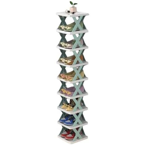 Étagère à chaussures compacte pliable, rangement mural sans perçage, armoire à chaussures étroite pour entrée, 9 niveaux bleue, grande capacité, stable et légère, convient aux baskets, talons, sandale