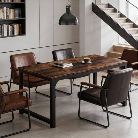 Tavolo rettangolare industriale 180 x 90 x 77 cm, metallo e legno, nero e marrone rustico (1/5)