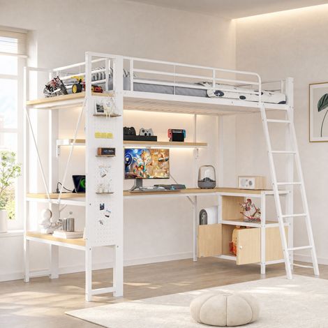 Letto a soppalco 90 x 200 cm con scrivania, LED, contenitori, USB, bianco DESVIAE (1/5)
