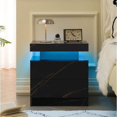 Mesita de noche LED con 2 cajones, madera de ingeniería, negro y dorado HAVRYA (1/5)