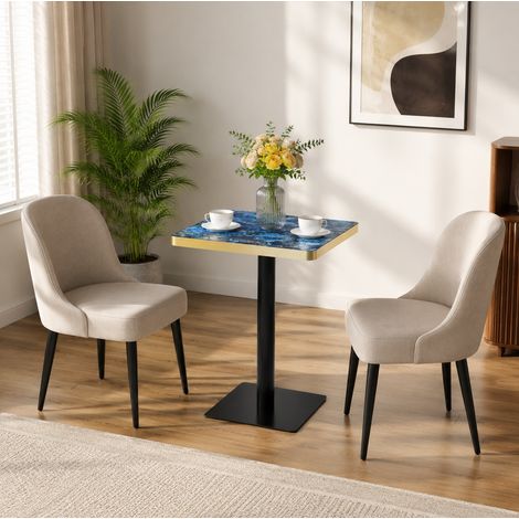 Mesa de comedor cuadrada, 60x60 cm, para 2-4 personas, tablero efecto mármol, estructura de metal azul. (1/5)