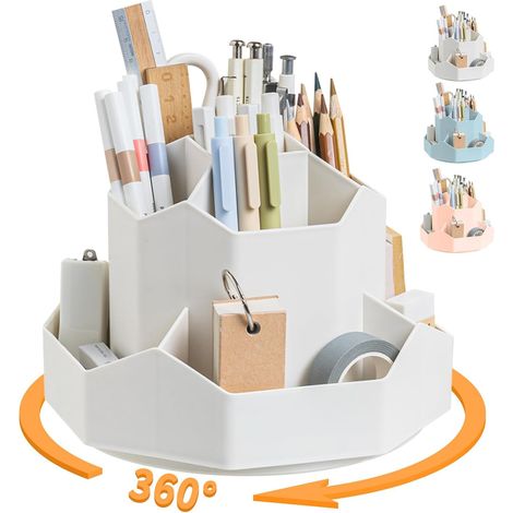 JSSEVN - Desk pencil holder, 9 slots, 360-degree rotating, stationery organizer, cute pencil pot for office, school, home (white) (1/5)