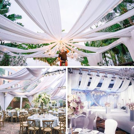 Lot de 6 rideaux de plafond pour mariage, 152 x 61 cm, en tissu drapé en forme d'arc, rideaux transparents, décoration de plafond de mariage, pour fête, cérémonie, butin de scène, blanc (1/5)