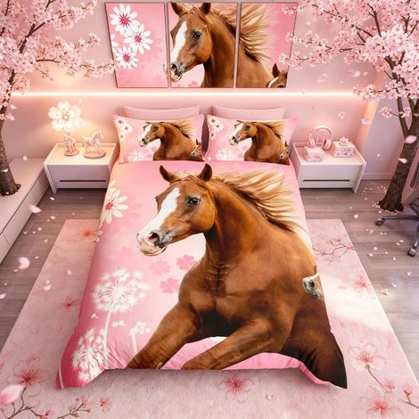 Housse de couette pour enfants et adolescents, motif cheval au galop de la ferme, animal pour chambre d'enfant, motif pissenlit rose (1/5)