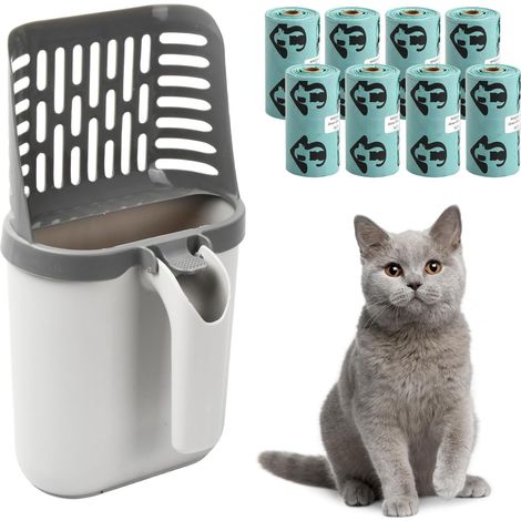 Pelle à Litière pour Chat, Poubelle a Crotte avec Stockage des Déchets et 8 Rouleaux de Sacs Poubelle, Support de Pelle Profond Amovible Pelle Litiere Chat, Ramasse Crotte Grande Capacità