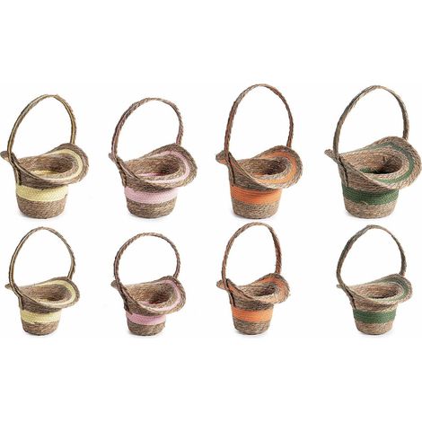 Cestini in fibra intrecciata a cappello con manico e decorati con fettuccia colorata in set da due pezzi, set da 4 pezzi, Grande: cm 31 x 24 x 21 H