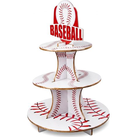 Présentoir à Gâteau 3 Niveaux en Carton, Tour à Cupcakes & Support Gâteau Rond, Thème Baseball, Décoration de Table pour Anniversaire, Buffet Apéritif, Fête des Pères, Noël, Pâques, Blanc et Rouge (1/5)