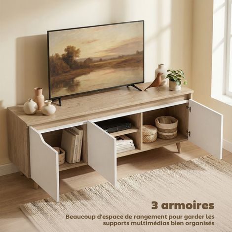 Meuble TV 120 cm, meuble télé pour téléviseur jusqu'à 55 pouces avec 3 portes, étagère réglable, chêne et blanc (1/5)