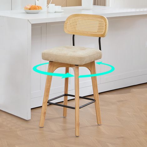 Lot de 2 tabourets de bar pivotants 360° avec dossier rotin assise rembourrée tissu chenille kaki style milieu du siècle cuisine petit déjeuner (1/5)