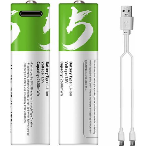 Type-Port rechargeable au lithium AA Batterie 1.5V Batterie 2600mWh Haute capacite Tension constante Recharge rapide Utilitaire respectueux de l'environnement Batterie reutilisable pour (1/5)