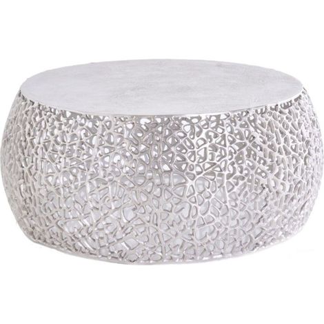 Table basse METRIX ronde 73 cm argentée avec motif géométrique – Table basse design en aluminium et plateau blanc mat