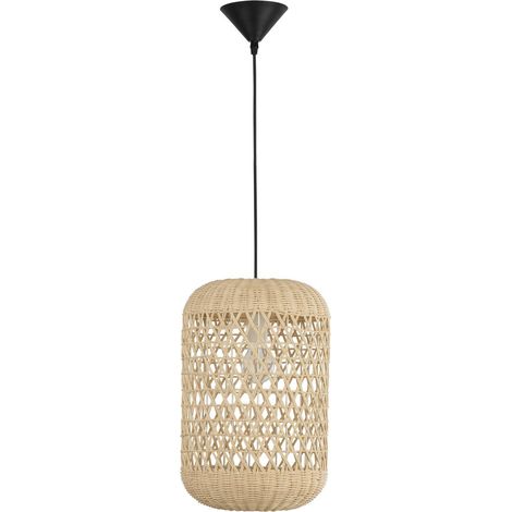 Merano Allentown Plafonnier Dome Suspension Rotin Naturel Fil Tissu Noir Culot LED E27