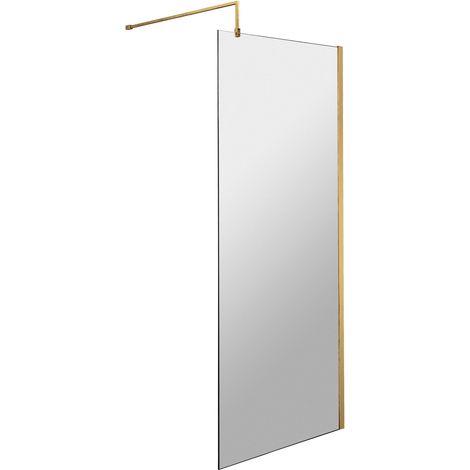 Balterley Blymhill Contemporary Bathroom 8mm Glass Profile Wetroom Screen with Support Bar, Brushed Brass, 1950 x 700 x 14mm